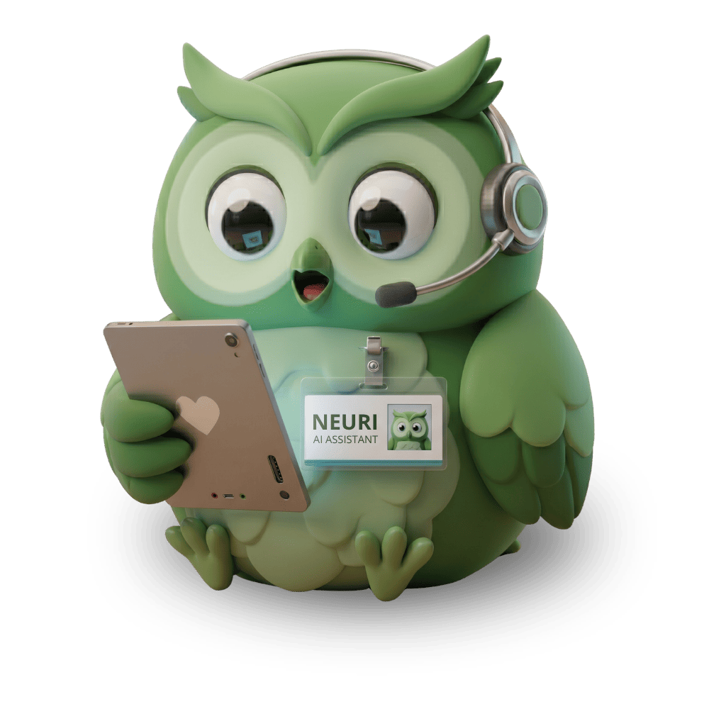 Neuri, la mascota de Neura Cloud, sosteniendo una tablet